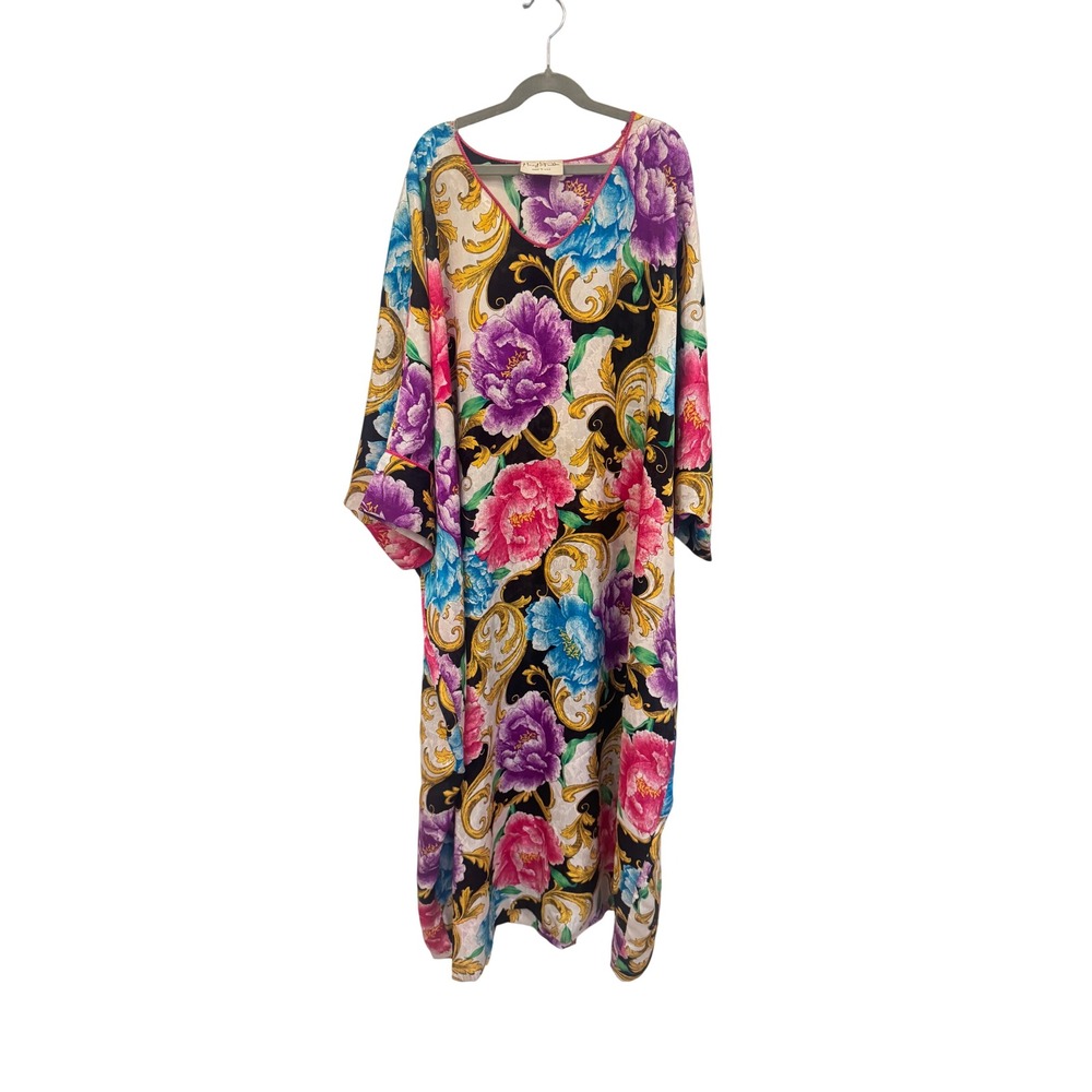 Vintage Mary McFadden Kaftan Dress Floral Baroque Gold Scroll Maxi Made in USA